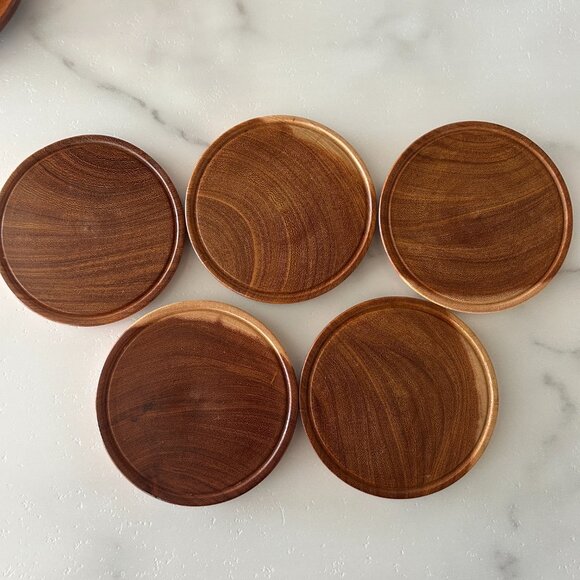 Mid Century Modern Teak Coaster Set Wood Box & 5 Coasters Handturned - Picture 7 of 10